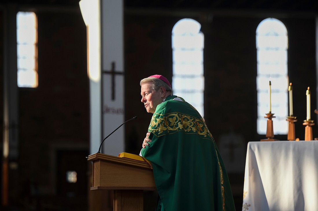 Bishop Edward B. Scharfenberger speaks to those in the medical profession during the White Mass on Saturday, Oct. 2, 2021, at the Coliseum Church at Our Lady of Martyrs Shrine in Auriesville, N.Y.  Cindy Schultz for The Evangelist