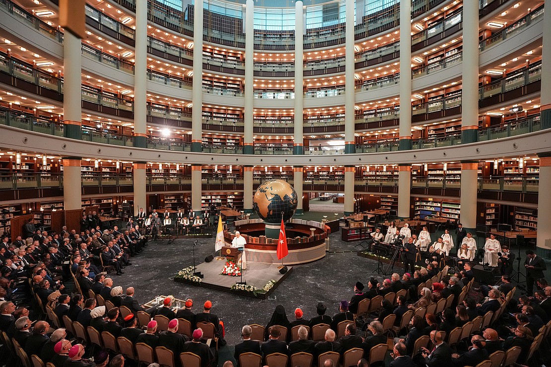 Pope Leo XIV speaks to Turkish President Recep Tayyip Erdogan, government and civil authorities in the National Library, part of the presidential palace complex, in Ankara, Turkey, Nov. 27, 2025. (CNS photo/Lola Gomez)