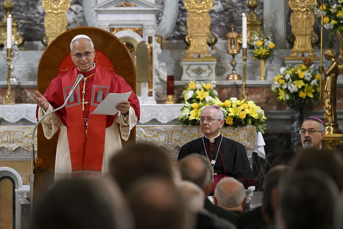 Pope Leo XIV speaks to Turkey's Catholic bishops, priests, religious, deacons and pastoral workers at the Latin-rite Cathedral of the Holy Spirit in Istanbul Nov 29, 2025. (CNS photo/Vatican Media)