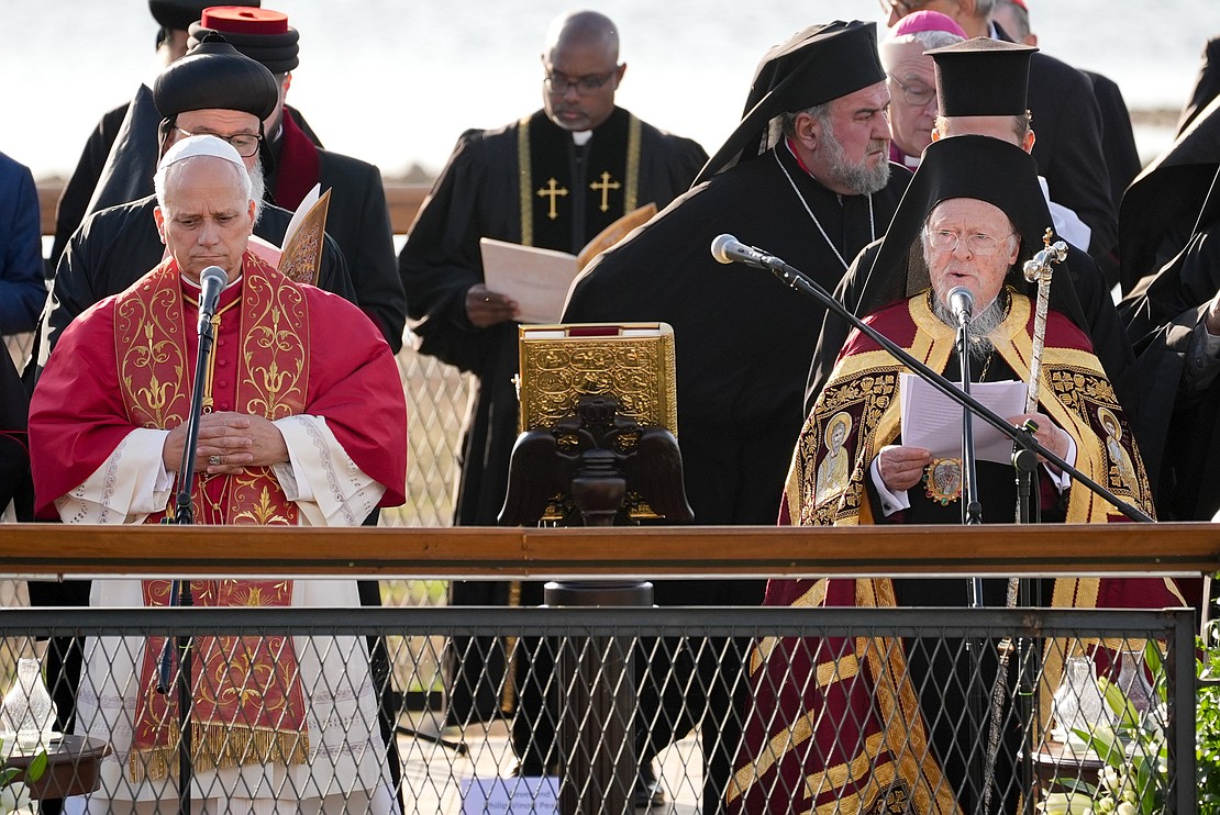 Pope Leo XIV joins Orthodox Ecumenical Patriarch Bartholomew and other Christian leaders for an ecumenical prayer service in Iznik, Turkey, Nov. 28, 2025. The gathering marked the 1,700th anniversary of the Council of Nicaea, convened in 325 A.D., which produced the Nicene Creed and defined foundational Christian doctrine. (CNS photo/Lola Gomez)