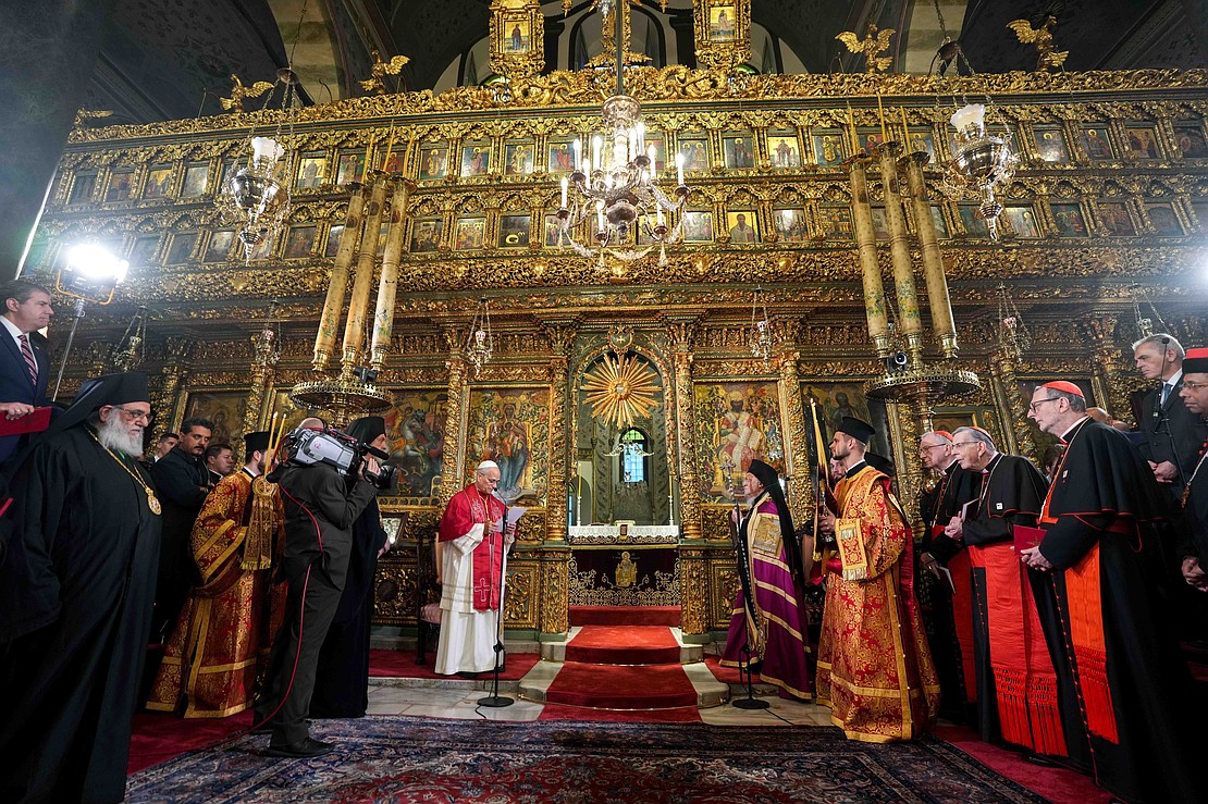 Pope Leo XIV and Orthodox Ecumenical Patriarch Bartholomew of Constantinople attend a prayer service Nov. 29, 2025, in the Patriarchal Cathedral of St. George in Istanbul. (CNS photo/Lola Gomez)