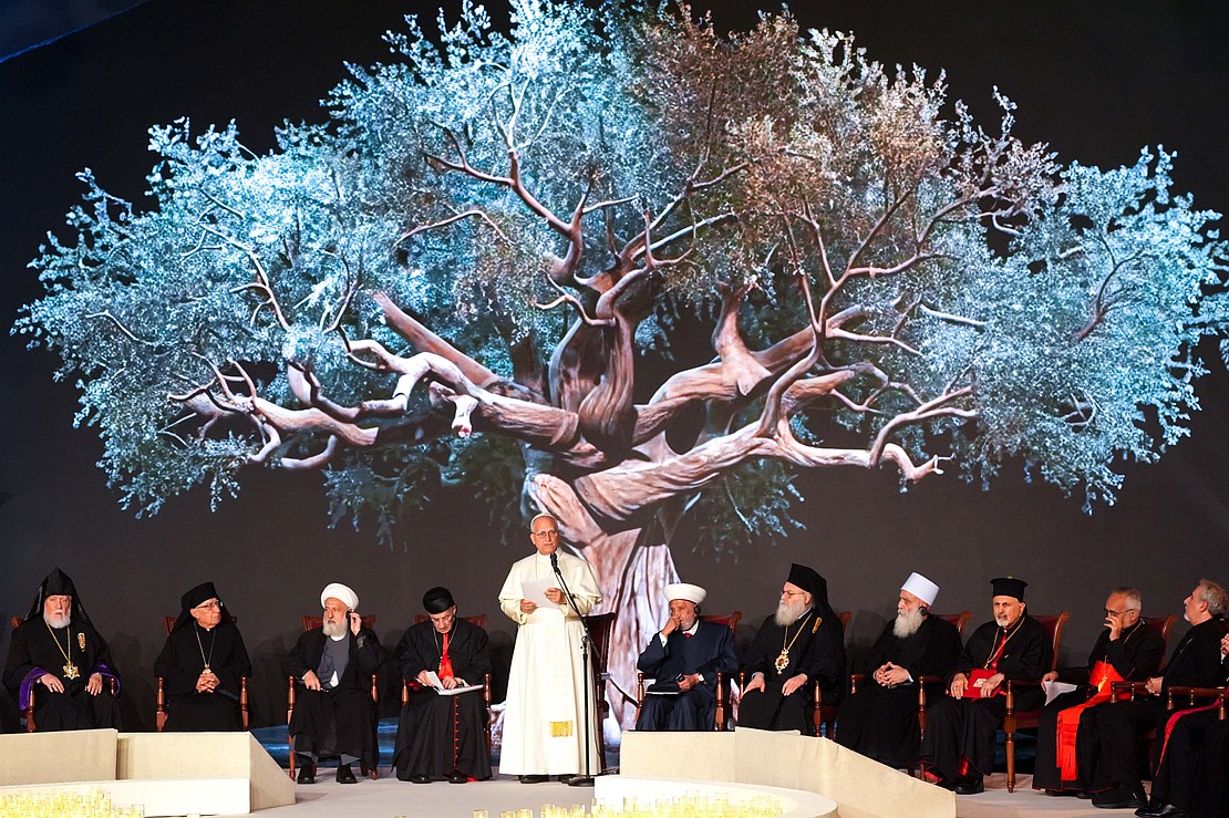 Pope Leo XIV delivers a reflection during an ecumenical and interreligious meeting in Martyrs' Square in Beirut, Lebanon, Dec. 1, 2025. (CNS photo/Lola Gomez)