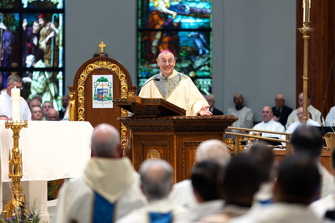 Bishop Mark O'Connell delivers the homily during his installation Mass. (Patrick Dodson photo).
