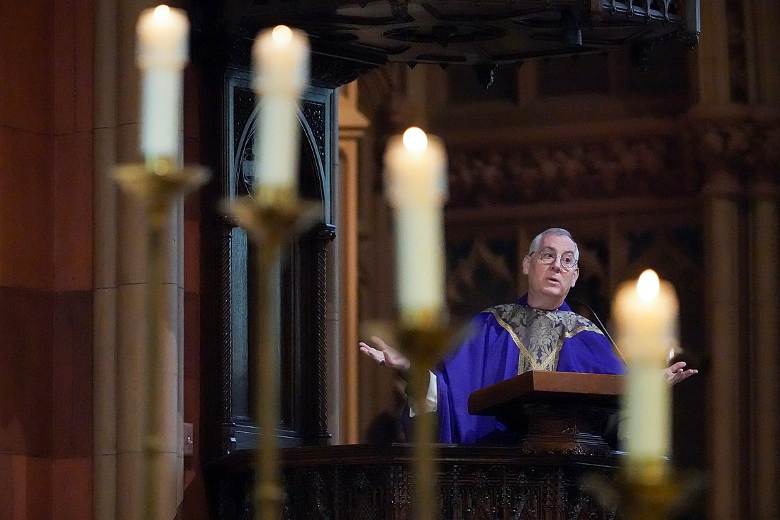 Bishop Mark O’Connell delivers the homily from the pulpit during his first mass as Bishop of the Roman Catholic Diocese of Albany on Sunday, Dec. 7, 2025, at the Cathedral of Immaculate Conception in Albany, N.Y.  Cindy Schultz for The Evangelist