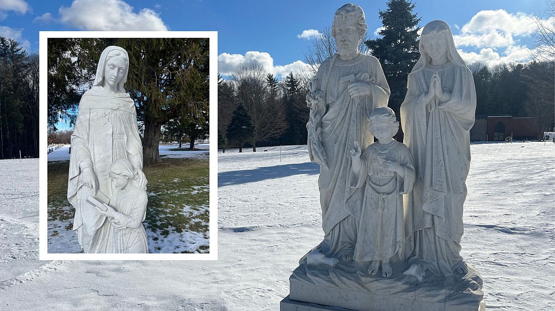 The Holy Family statue, donated to Albany Diocesan Cemeteries by Andrew Marrone, was placed in the Holy Family Garden at Most Holy Redeemer Cemetery in Niskayuna, and St. Anne (inset) was placed in St. Joseph’s Cemetery in Waterford. (Emily Benson photos)