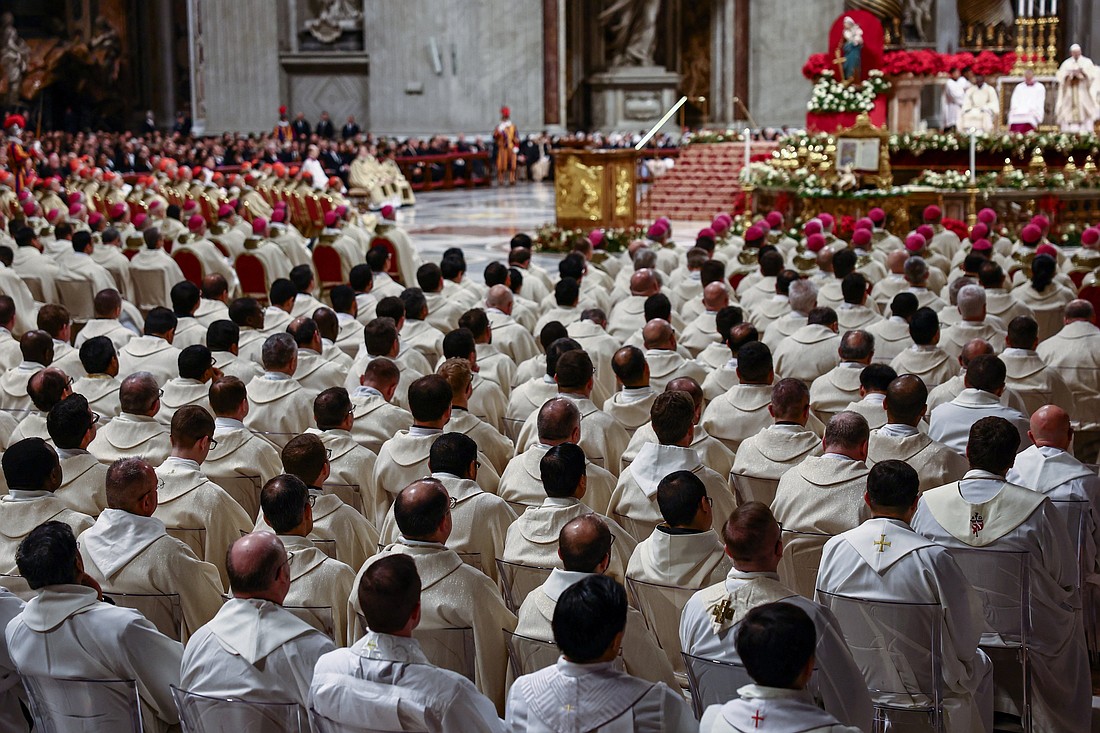 Members of the clergy listen as Pope Leo XIV celebrates Mass on the feast of the Epiphany in St. Peter's Basilica at the Vatican Jan. 6, 2026. (OSV News photo/Yara Nardi, Reuters)..