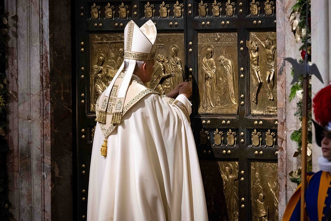 Pope Leo XIV closes the Holy Door of St. Peter’s Basilica Jan. 6, 2026, at the Vatican, marking the official end of the Jubilee Year. CNS photo/Pool, Cristian Gennari)