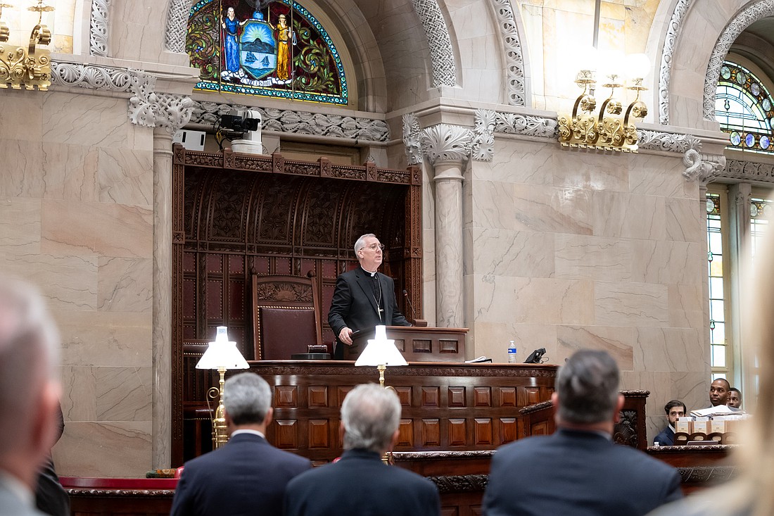 Bishop Mark O’Connell offers the opening prayer for the first session of the New York State Senate at the New York State Capitol Building in Albany on Jan. 7.  (Photo provided).