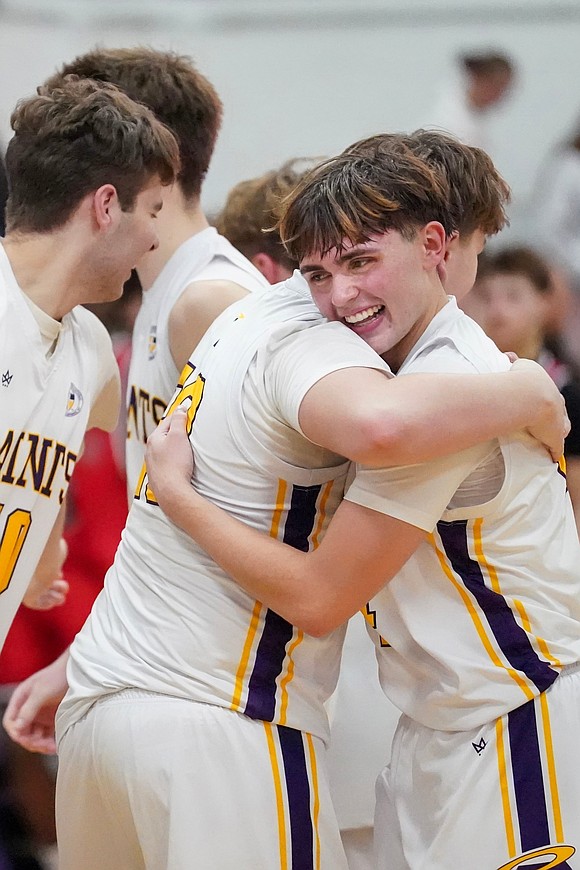 Spa Catholic’s Thomas Zayac, right, celebrates his team’s 63-58 win over Tamarac during their basketball game on Friday, Jan. 9, 2026, at Saratoga Catholic Central School in Saratoga Springs, N.Y.  Cindy Schultz for The Evangelist