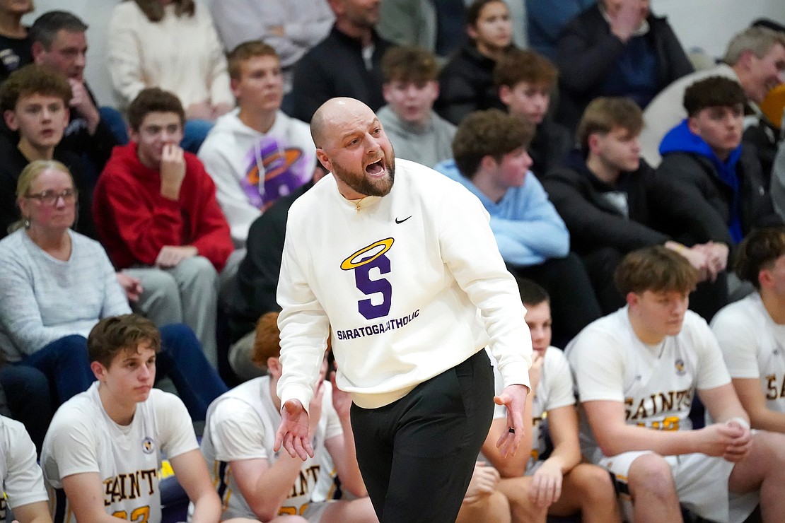 Spa Catholic’s head coach Shea Bromirski encourages his team during their basketball game against Tamarac on Friday, Jan. 9, 2026, at Saratoga Catholic Central School in Saratoga Springs, N.Y. Spa Catholic wins 63-58.  Cindy Schultz for The Evangelist