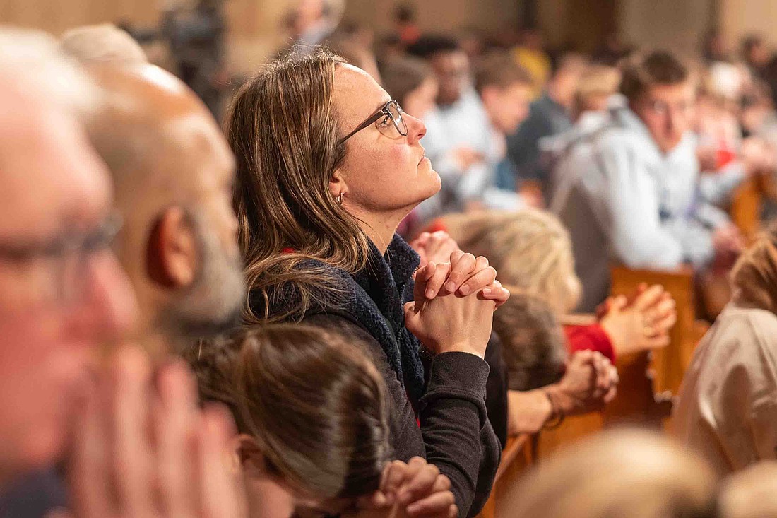 A woman prays during the National Prayer Vigil for Life Mass at the Basilica of the National Shrine of the Immaculate Conception in Washington Jan. 22, 2026, the evening before the annual the March for Life. (OSV News photo/Mihoko Owada).