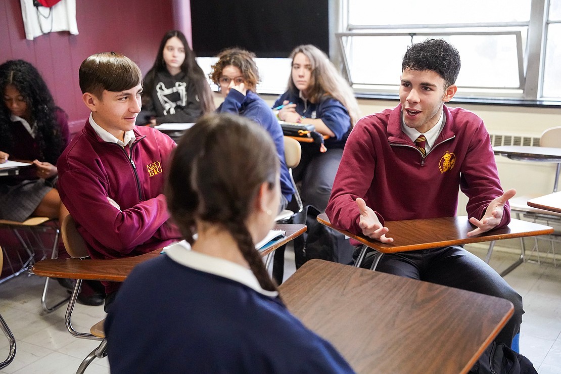 Anthony Dobkowski, right, takes part in a discussion during 11th-grade morality class on Thursday, Jan. 14, 2026, at Notre Dame-Bishop Gibbons School in Schenectady, N.Y.  Cindy Schultz for The Evangelist