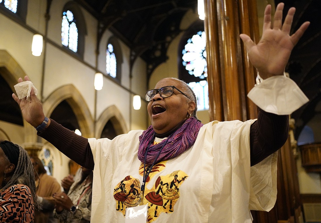 Joan Davenport of St. Thomas Aquinas Parish in Brooklyn, N.Y., reacts to praise and worship music during the inaugural New York Black Catholic Congress at Blessed Sacrament Church in New Rochelle, N.Y., Nov. 22, 2025. Two U.S. bishops in a Feb. 3, 2026, statement urged Catholics to be "faithful stewards of memory" and "courageous witnesses to truth" during Black History Month, observed in February. (OSV News photo/Gregory A. Shemitz)