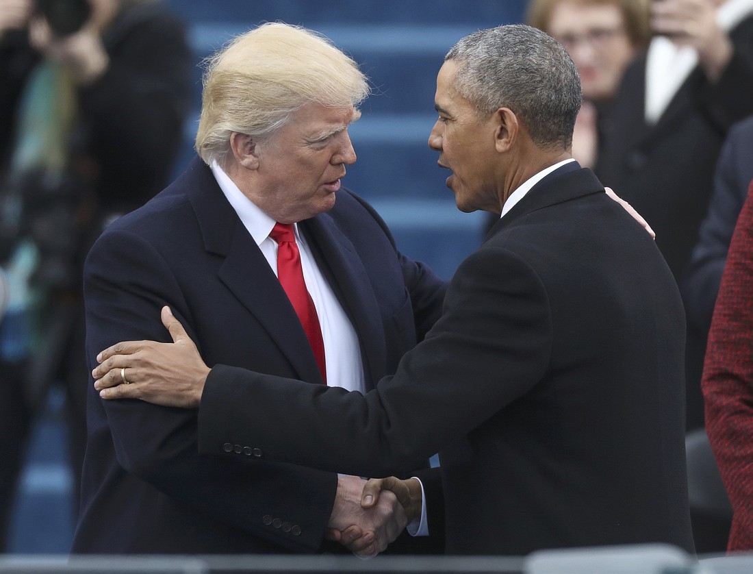 U.S. President Donald Trump greets outgoing President Barack Obama before Trump's Jan. 20, 2017, swearing-in as the country's 45th president at the U.S. Capitol in Washington. Black Catholic leaders responded Feb. 6, 2026, to a video posted on Trump's social media depicting the Obamas as apes -- a well known racist trope -- and urged fellow Catholics to take up the Church's mission of promoting racial justice. The 62-second video was posted at 11:44 p.m. Feb. 5 and removed around noon Feb. 6, according to news reports. (OSV News photo/Rick Wilking, Reuters)
