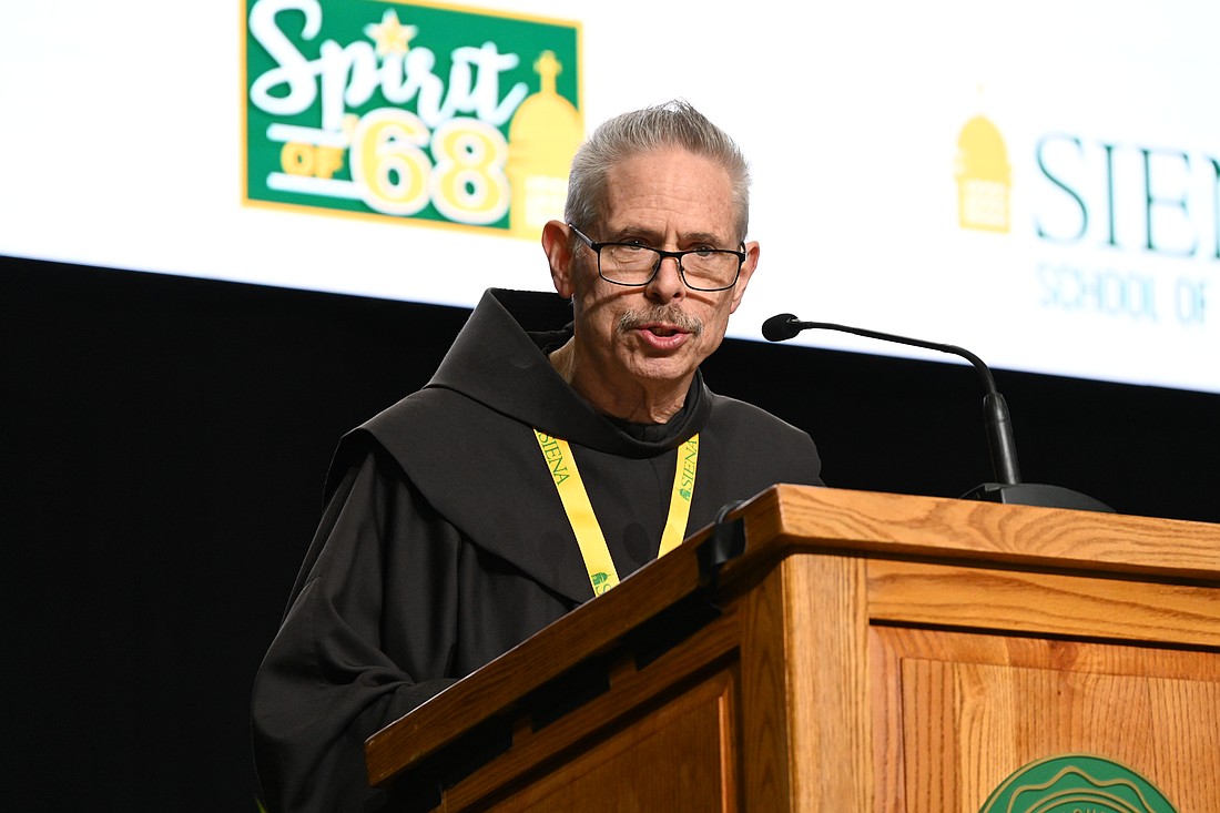 Brother Michael Perry, OFM, director of Siena University's Laudato Si' Center for Integral Ecology, spoke at the center's 2026 “Reimagining Economy: For People and Planet” symposium, held on Feb. 5 at the Marcelle Athletic Complex at Siena. (Provided photo)