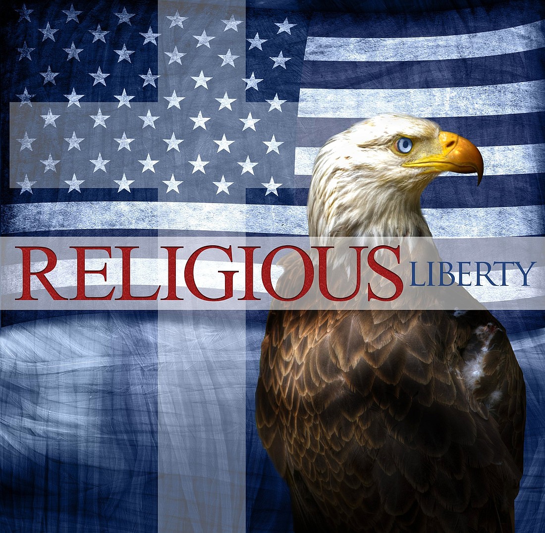 A bald eagle and U.S. flag are seen in an illustration for religious liberty. The U.S. bishops have issued a new report on religious liberty issues in the U.S. and how the Catholic Church has been affected. (OSV News illustration/Lisa Johnston, St. Louis Review)