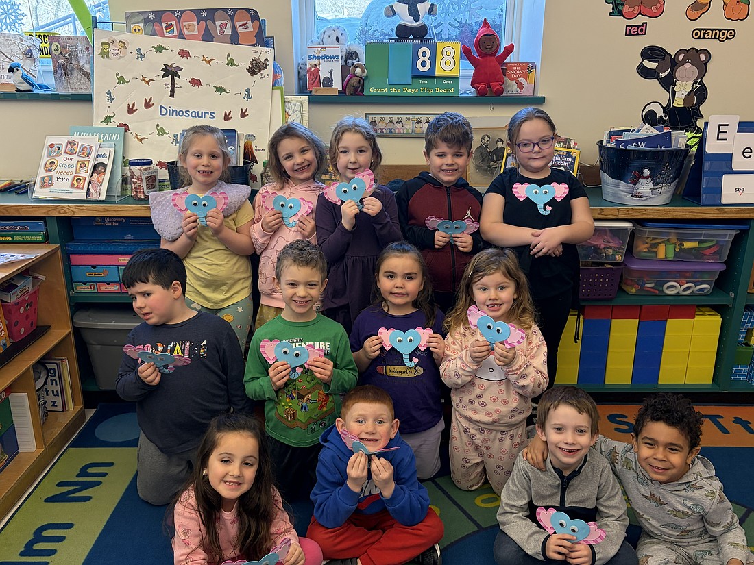 Kindergarteners from Benton Hall Academy show off their Valentine’s Day cards that they made for the residents of Rockton Plaza and Alpine Rehabilitation & Nursing. Over 500 valentines from students and Holy Family Parish were delivered to residents on Feb. 13. (Provided photos)