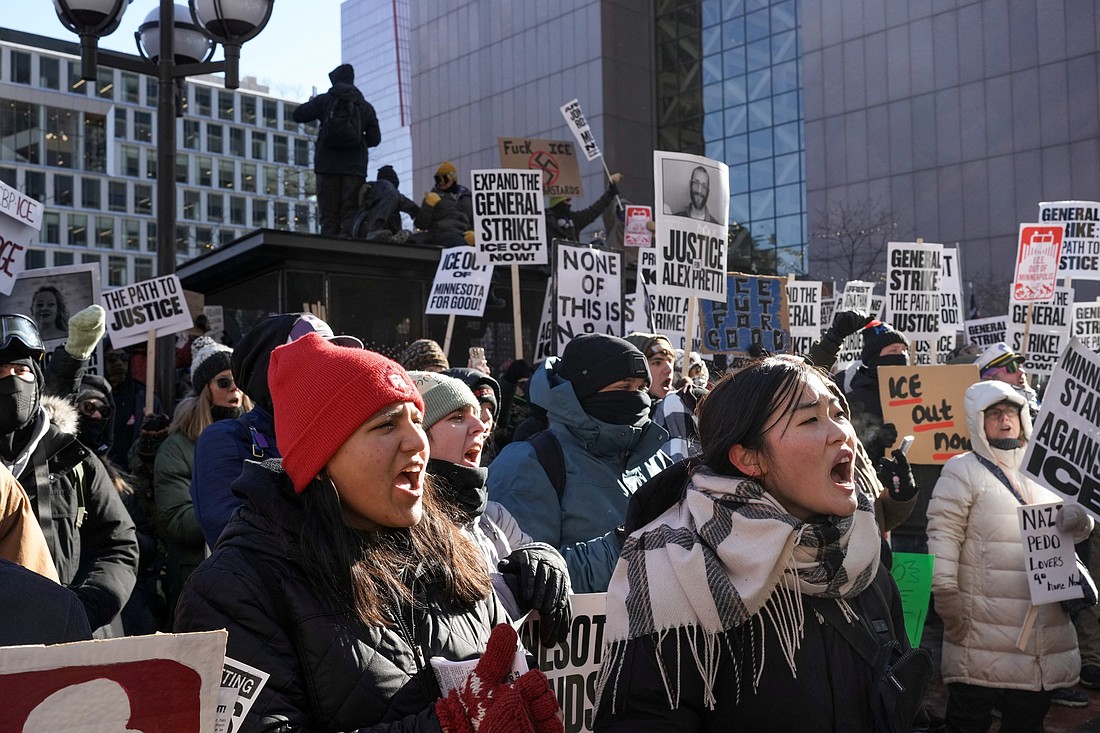 Demonstrators attend an "ICE Out" protest in Minneapolis Jan. 30, 2026, after the fatal shootings of Renee Nicole Good and Alex Pretti by U.S. federal immigration agents. Protesters held "no work, no school, no shopping" strikes across the U.S. that day to oppose the Trump administration"s immigration crackdown. (OSV News photo/Tim Evans, Reuters)
