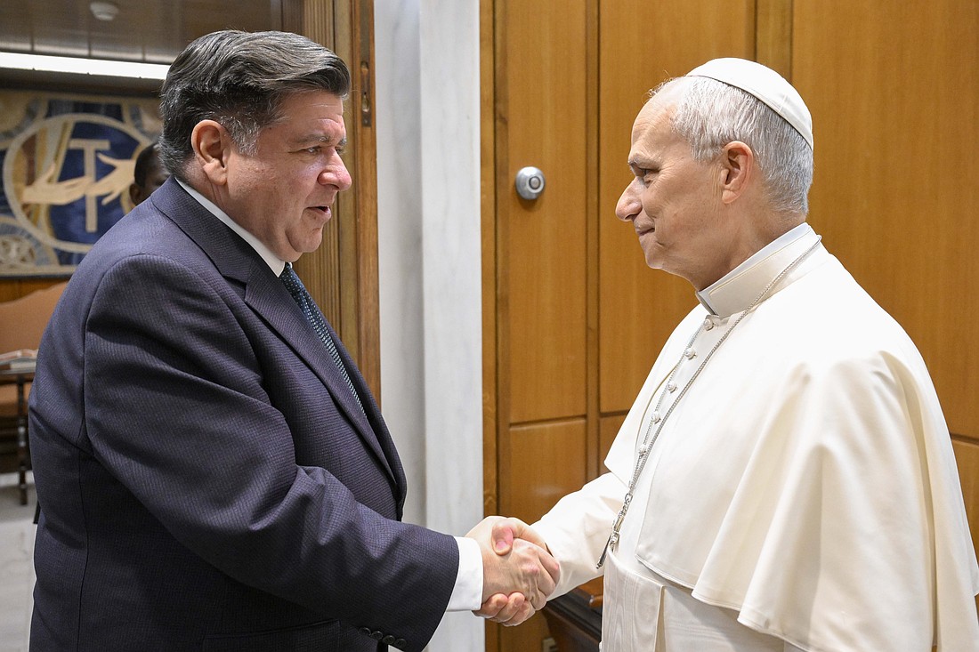 Pope Leo XIV welcomes Illinois Gov. J.B. Pritzker to a meeting room attached to the Paul VI Audience Hall at the Vatican Nov. 19, 2025. Pritzker announced Jan. 28, 2027, the launch of the $5 million dollar Prairie State Access Fund to support Illinois' abortion tourism industry. Robert Gilligan, executive director of the Catholic Conference of Illinois, called it "macabre" to help people "end the life of their unborn child." (CNS photo/Vatican Media)
