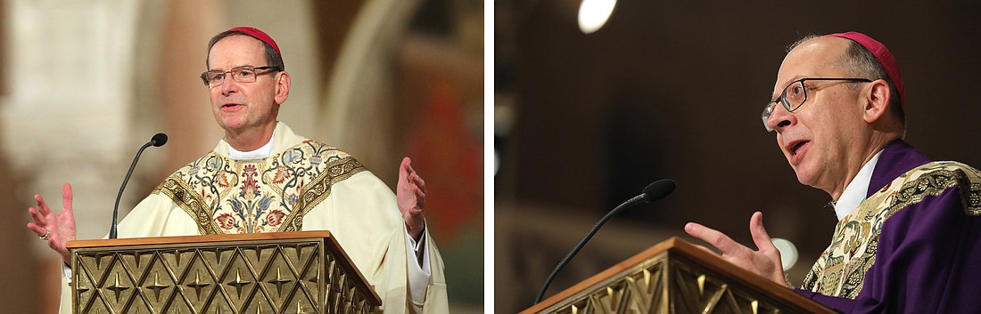 Bishop Michael F. Burbidge of Arlington, Va., and Bishop Barry C. Knestout of Richmond, Va., are pictured in a combination photo. The two Virginia bishops in a Feb. 18, 2026, statement hailed the halt of legislation in Virginia's General Assembly that would have legalized assisted suicide in that state. (OSV News photo/Bob Roller)