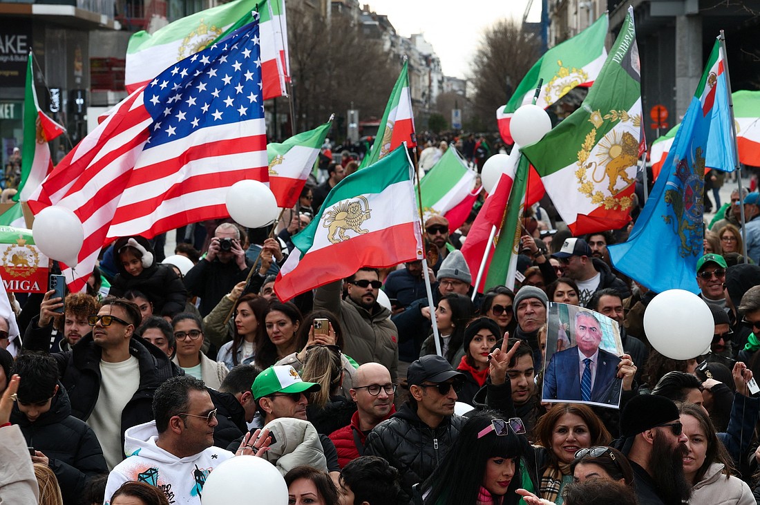 People gather in support of the Iranian people and against the government in Iran after Israel and the U.S. have launched strikes on Iran, in Brussels, Belgium, March 1, 2026. (OSV News/Yves Herman, Reuters)