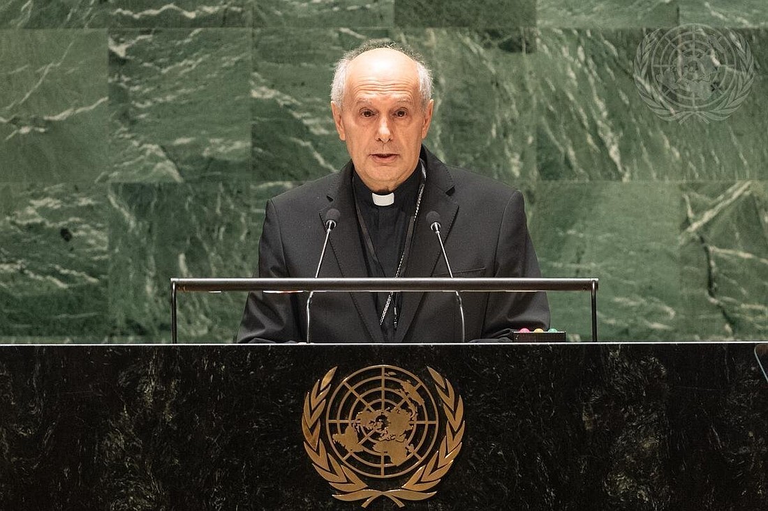 Archbishop Gabriele G. Caccia, the Holy See's permanent observer to the United Nations, is pictured in a 2023 photo addressing the General Assembly at U.N. headquarters in New York City. Pope Leo XIV named Archbishop Caccia as the new papal nuncio to the United States March 7, 2026. He succeeds Cardinal Christophe Pierre, who turned 80 in January and had served in the post since 2016. (OSV News photo/Rick Bajornas, courtesy United Nations)