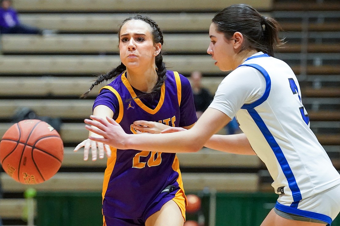 Saratoga Catholic’s Lily Norton, left, passes the ballI as Northville’s Izzy Colon defends during their Section II Class D final basketball game on Saturday, March 7, 2026, at Hudson Valley Community College in Troy, N.Y. Saratoga Catholic wins 43-41.  Cindy Schultz for The Evangelist