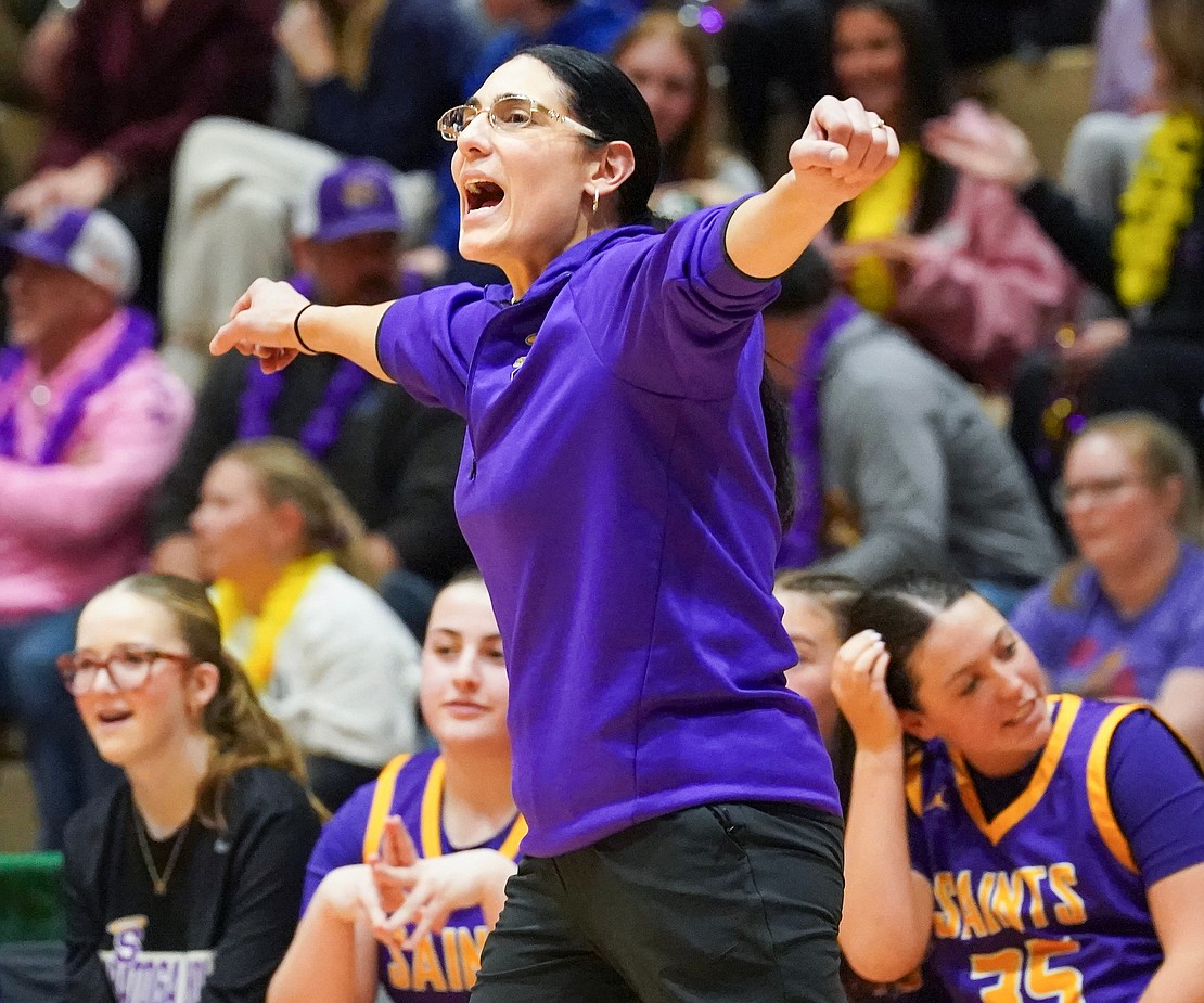 Saratoga Catholic head coach Athena DiLorenzo calls for a time out during their Section II Class D final basketball game against Northville on Saturday, March 7, 2026, at Hudson Valley Community College in Troy, N.Y. Saratoga Catholic wins 43-41.  Cindy Schultz for The Evangelist