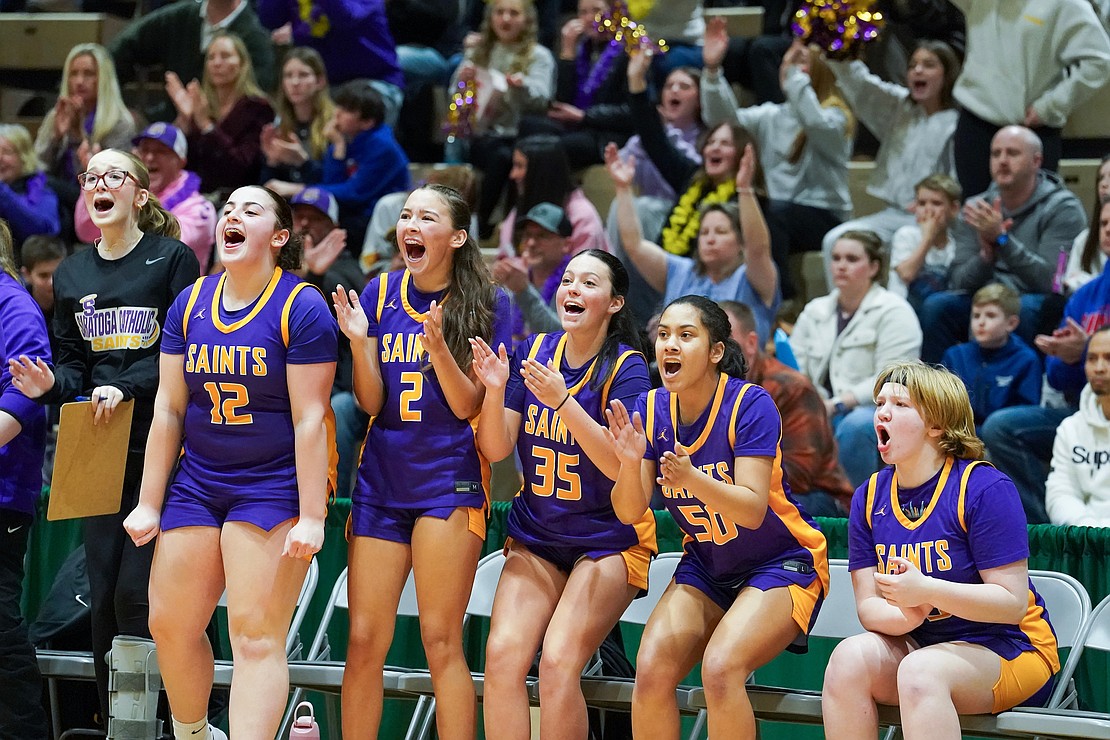 Saratoga Catholic players cheer from the bench during their Section II Class D final basketball game against Northville on Saturday, March 7, 2026, at Hudson Valley Community College in Troy, N.Y. Saratoga Catholic wins 43-41.  Cindy Schultz for The Evangelist