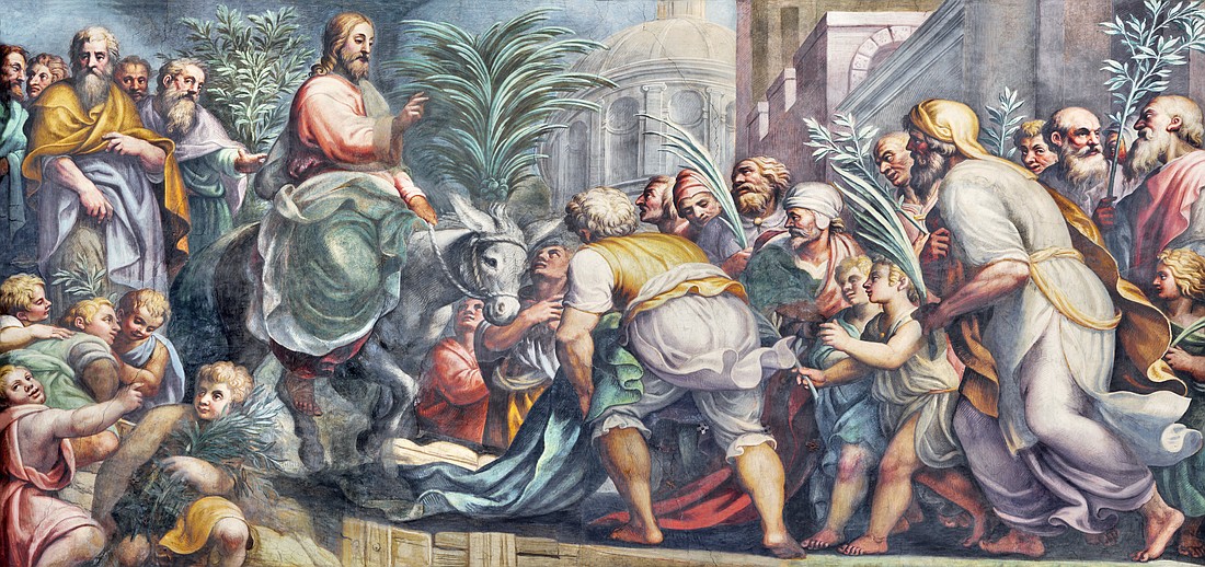 Parma - The fresco of Entry of Jesus in Jerusalem (Palm Sundy) in Duomo by Lattanzio Gambara (1567 - 1573).