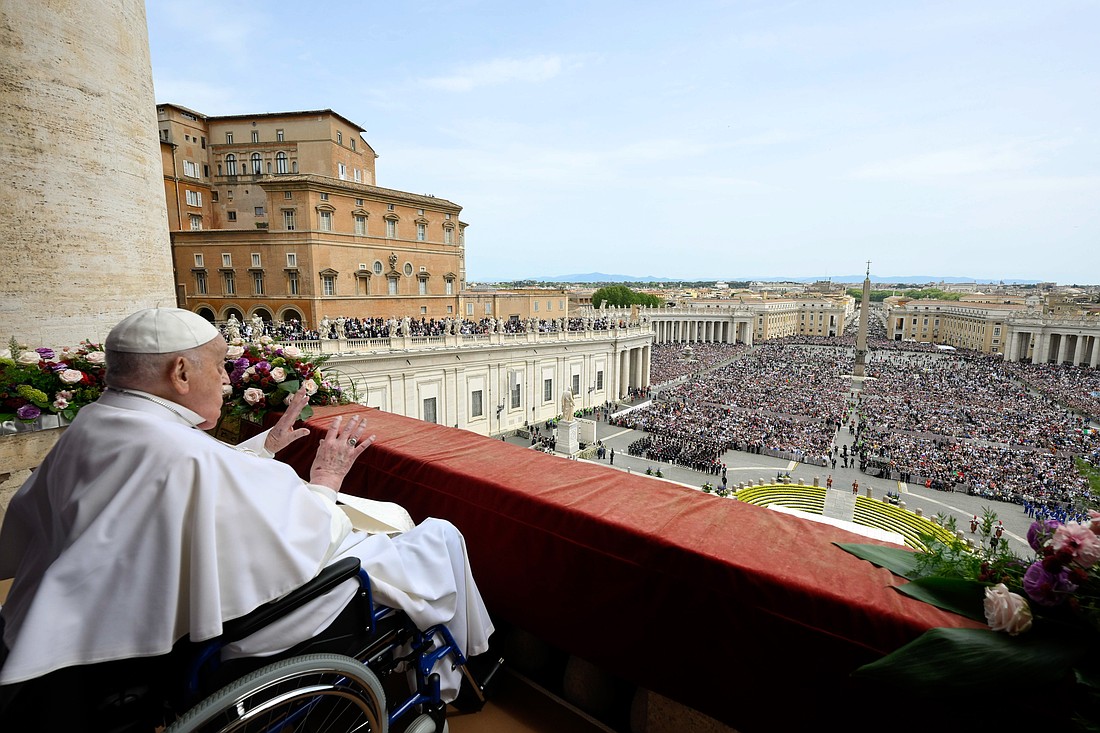 Pope Francis appears on the central balcony of St. Peter's Basilica to deliver his Easter blessing "urbi et orbi" (to the city and the world) at the Vatican April 20, 2025. Pope Francis, formerly Argentine Cardinal Jorge Mario Bergoglio, died April 21 at age 88. (CNS photo/Vatican Media)