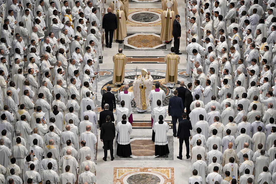 Priests join Pope Leo XIV for the celebration of the chrism Mass in St. Peter's Basilica at the Vatican April 2, 2026. During the Mass, which celebrates Holy Thursday as the day Jesus shared his priesthood with the apostles, priests renewed their promises of fidelity to Christ. (CNS photo/Vatican Media)