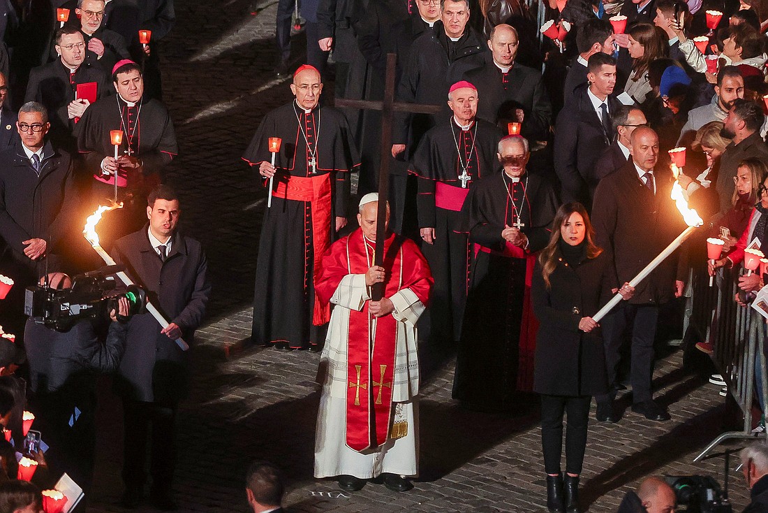 Pope Leo XIV leads the Way of the Cross at the Colosseum in Rome April 3, 2026. (OSV News photo/Vincenzo Livieri, Reuters)