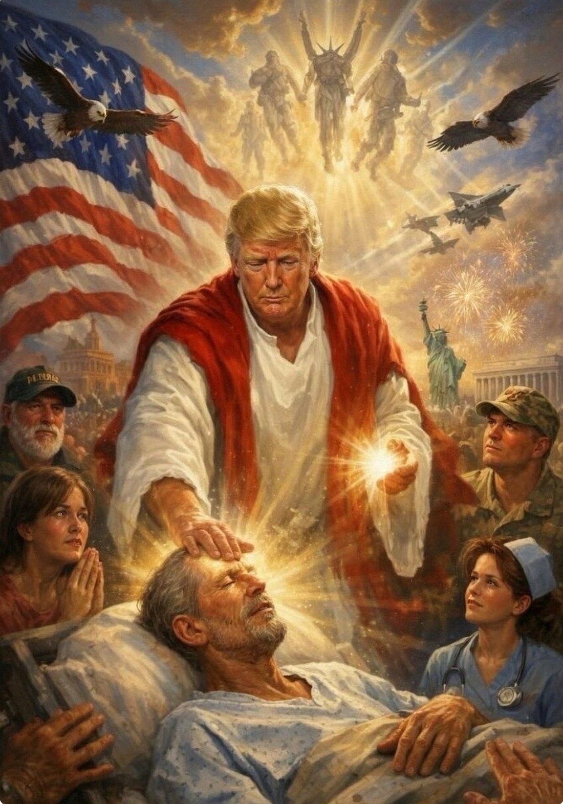 A now-deleted post seen April 12, 2026, on U.S. President Donald Trump's Truth Social account depicts an AI-generated image of himself that was widely regarded across the political spectrum showing Trump as Jesus Christ. Trump posted the AI-generated image 46 minutes after delivering a social media tirade against Pope Leo XIV. He confirmed with reporters April 13 he posted it but claimed it was intended to show him as a doctor "making people better." (OSV News photo/@realDonaldTrump/Truth Social handout via Reuters) EDITORS: THIS AI-GENERATED IMAGE HAS BEEN SUPPLIED BY A THIRD PARTY. IT IS DISTRIBUTED, EXACTLY AS RECEIVED BY REUTERS, AS A SERVICE TO CLIENT.