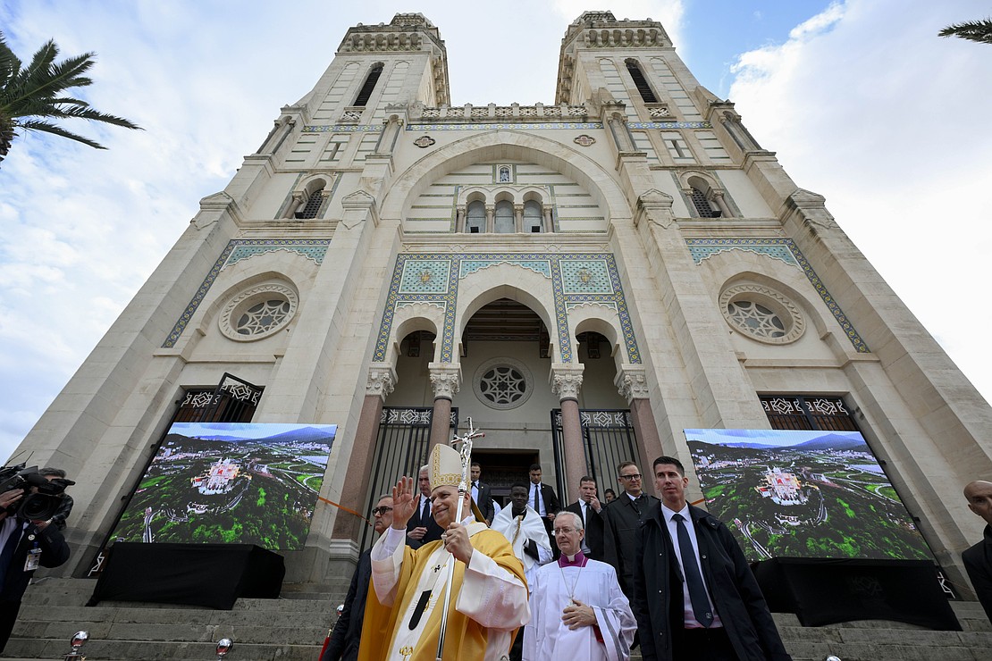 Pope Leo XIV waves after celebrating Mass at the Basilica of St. Augustine in Annaba, Algeria, April 14, 2026. (OSV News photo/Simone Risoluti, Vatican Media)