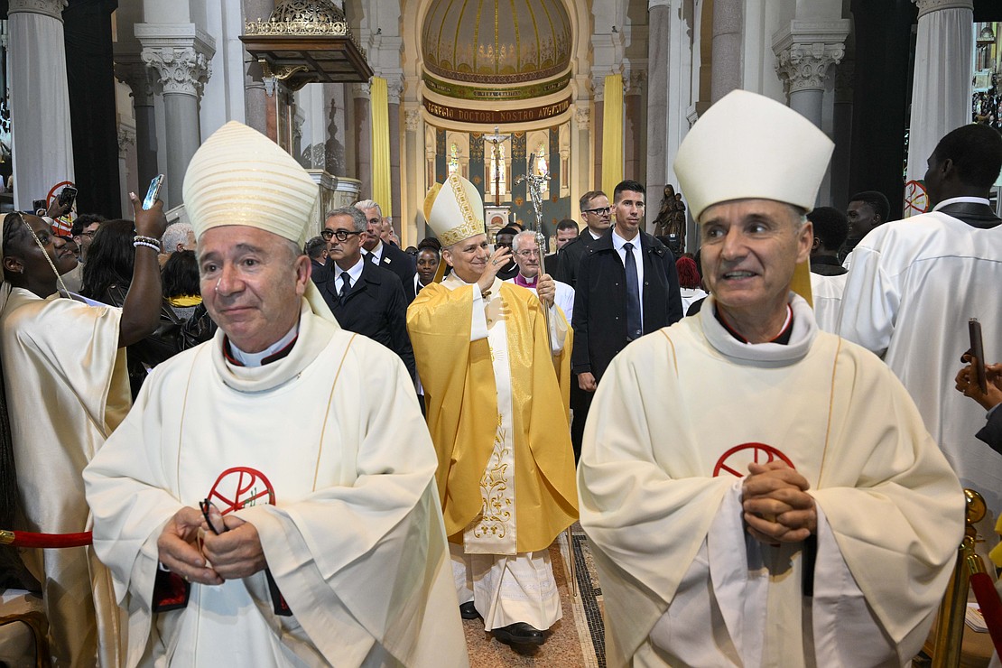 Pope Leo XIV blesses the congregation after celebrating Mass at the Basilica of St. Augustine in Annaba, Algeria, April 14, 2026. (OSV News photo/Simone Risoluti, Vatican Media)