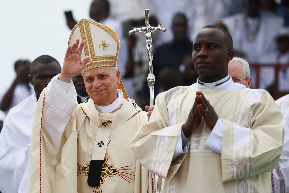 Pope Leo XIV arrives to hold a Mass near Japoma Stadium in Douala, Cameroon, April 17, 2026. (OSV News photo/Guglielmo Mangiapane, Reuters)