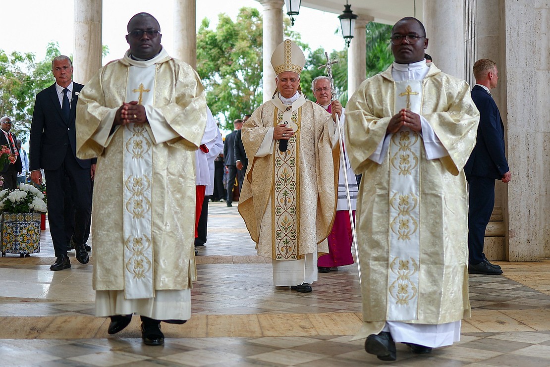 Pope Leo XIV arrives to celebrate Mass at the Basilica of the Immaculate Conception in Mongomo, Equatorial Guinea, April 22, 2026. (OSV News photo/Guglielmo Mangiapane, Reuters)