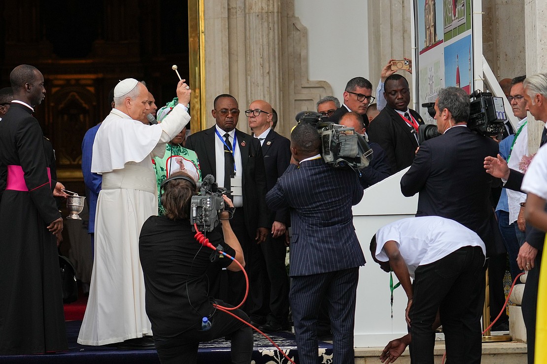 Pope Leo XIV blesses the cornerstone of a cathedral that is set to be built in the country’s new capital, Ciudad de la Paz, or City of Peace, during a visit to the Basilica of the Immaculate Conception in Mongomo, Equatorial Guinea, April 22, 2026. (CNS photo/Lola Gomez)
