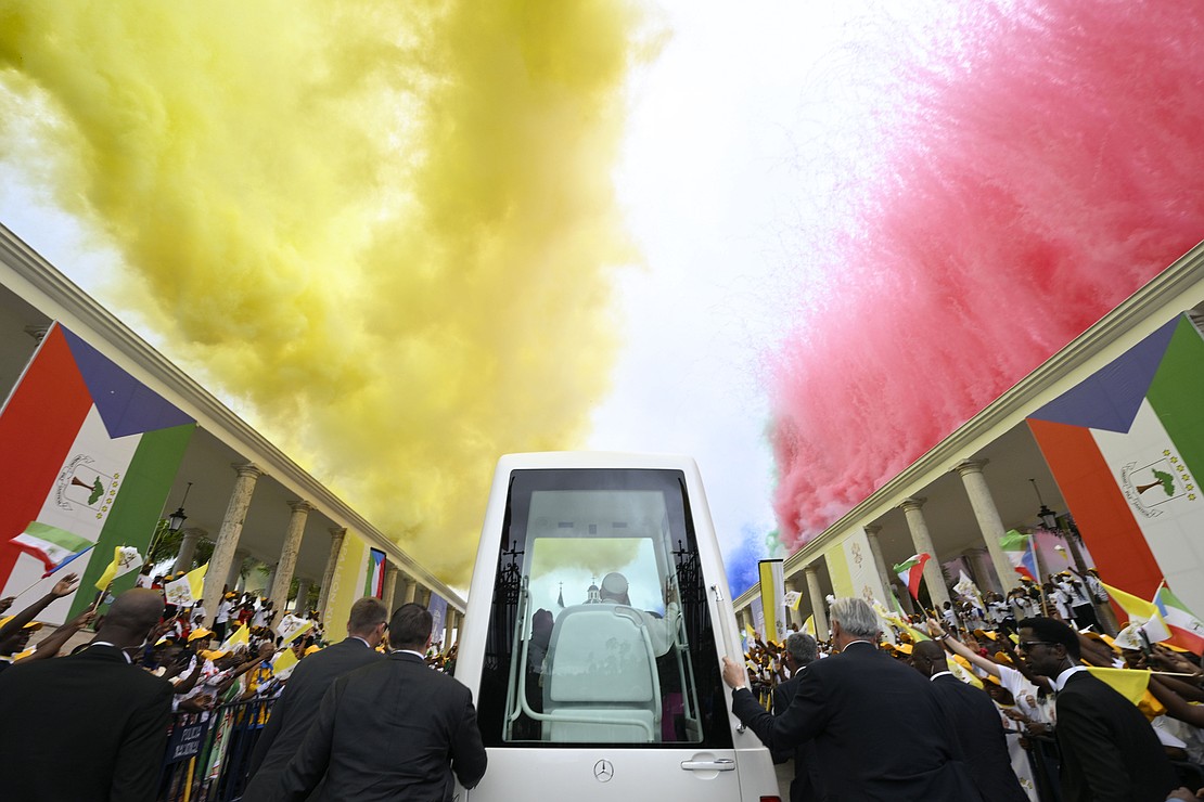 Pope Leo XIV arrives to celebrate Mass at the Basilica of the Immaculate Conception in Mongomo, Equatorial Guinea, April 22, 2026. (OSV News photo/Simone Risoluti, Vatican Media)