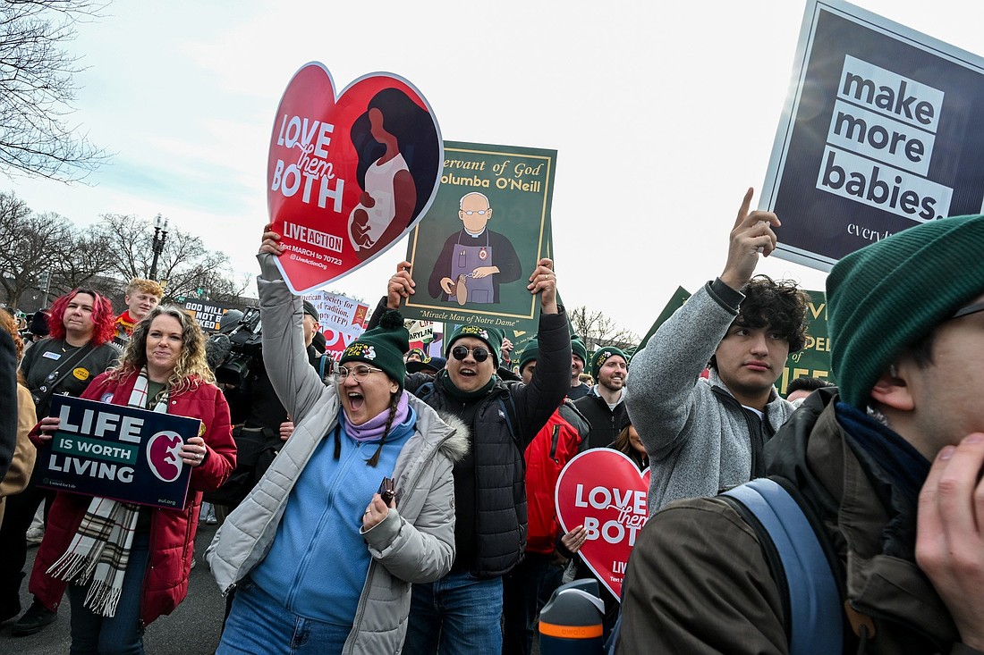 Pro-life advocates hold signs during the 53rd annual March for Life in Washington Jan. 23, 2026. New data estimates released March 24 by the Guttmacher Institute, a national policy and research firm that supports legalized abortion, show the number of abortions in the U.S. remained stable in 2025, totaling some 1.126 million. The actual number of abortions is likely higher, given certain exclusions in the estimates. (OSV News photo/Leslie E. Kossoff)
