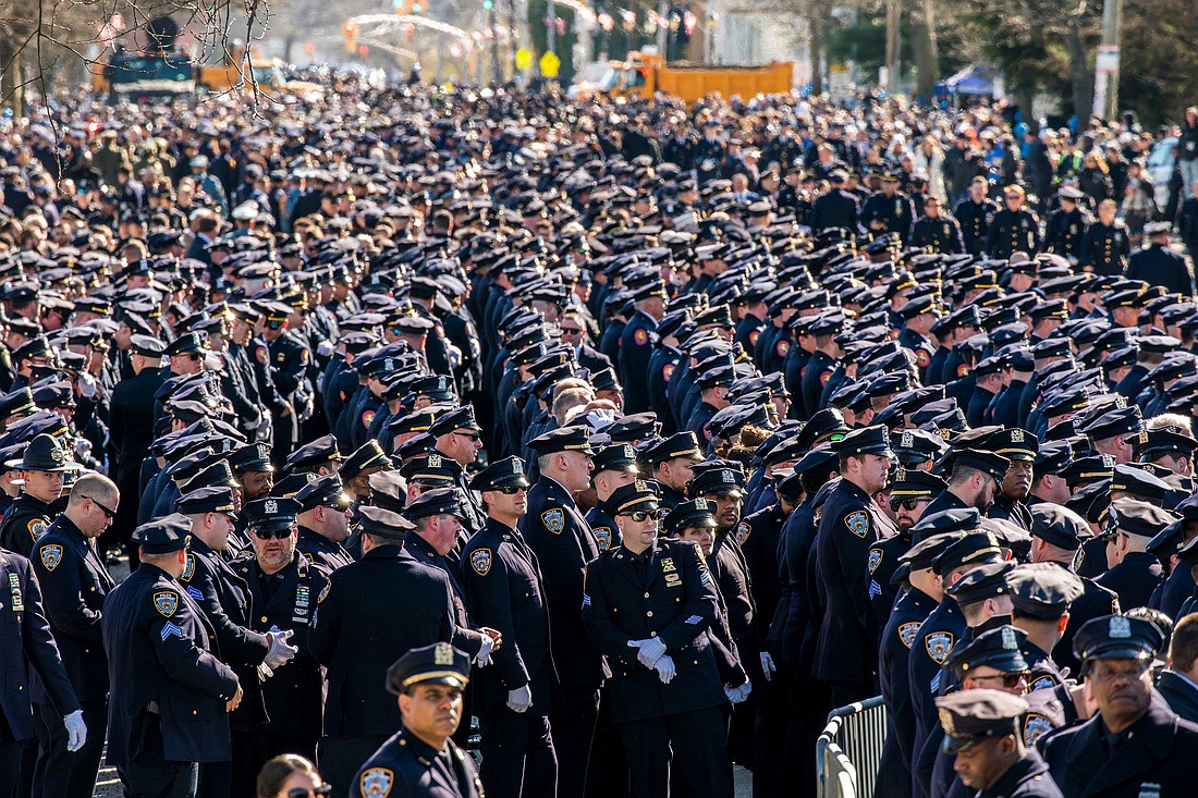 Police officers attend the funeral of New York City police officer Jonathan Diller at St. Rose of Lima Catholic Church in Massapequa Park, N.Y., March 30, 2024. Diller, 31, a three-year veteran of the NYPD on the specialized Community Response Team was shot and killed March 25 during traffic stop. He leaves behind his wife, Stephenie, 29, and son Ryan, age 1. (OSV News photo/Eduardo Munoz, Reuters)