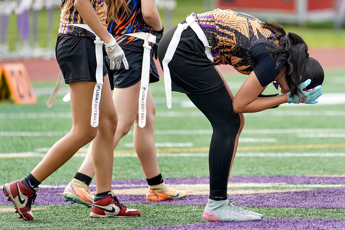 Holy Trinity’s Emma Sagendorf reacts to missing a fourth quarter pass during the Pride's Section 2 Class C flag football final on May 22 at Christian Brothers Academy. (Cindy Schultz photo for The Evangelist)