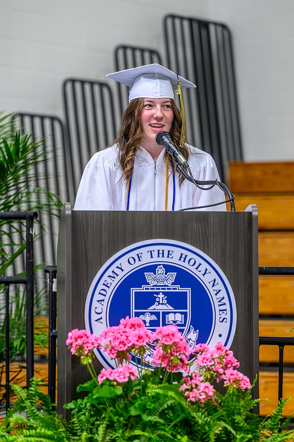 Graduate Shaya Gerber delivers the closing address during the commencement exercises on May 22 at the Academy of the Holy Names in Albany. (Vincent Giordano photo for The Evangelist)