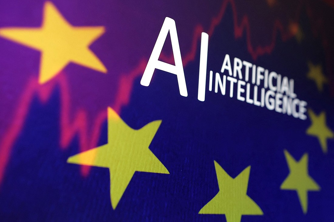 The EU flag, a stock graph and the words "AI ARTIFICIAL INTELLIGENCE" are seen in this May 21, 2024, illustration. (OSV News illustration/Dado Ruvic, Reuters)