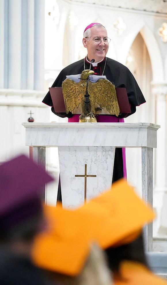 Bishop Mark O’Connell addresses graduates during the Notre Dame-Bishop Gibbons commencement exercises on June 6 St. John the Evangelist in Schenectady. (Cindy Schultz for The Evangelist)