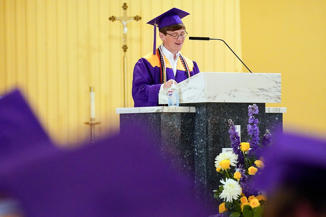 Valedictorian Philip Tranchina delivers his address during Saratoga Catholic Central's commencement exercises on June 26 at St. Clement’s Church in Saratoga Springs. (Cindy Schultz photo for The Evangelist)