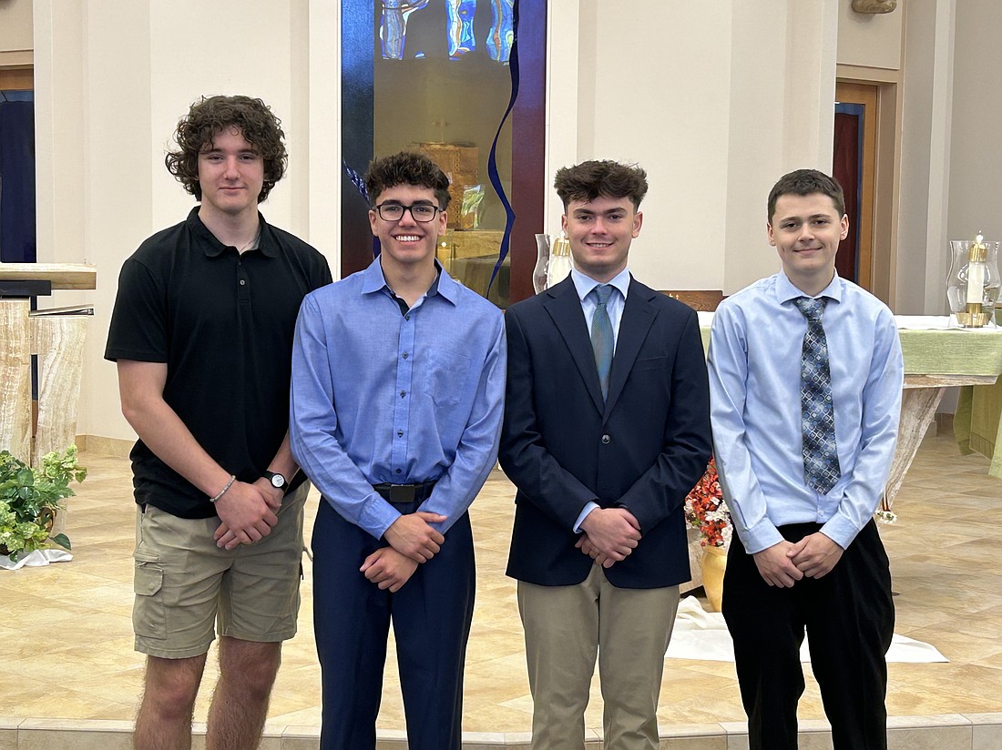 PETER LOFFREDO (from l.), Jacob Perea, Matthew Rourke and Ethan McCormick each took home a 2026 Senior Award from Our Lady of the Assumption Church in Latham last month during a special awards Mass. (Provided photo)