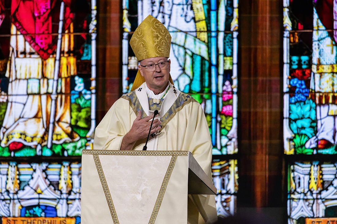 Denver Archbishop James R. Golka delivers the homily during Mass Aug. 4, 2026, at the 144th Supreme Convention of the Knights of Columbus in Denver. (OSV News photo/André Escaleira Jr., Denver Catholic).