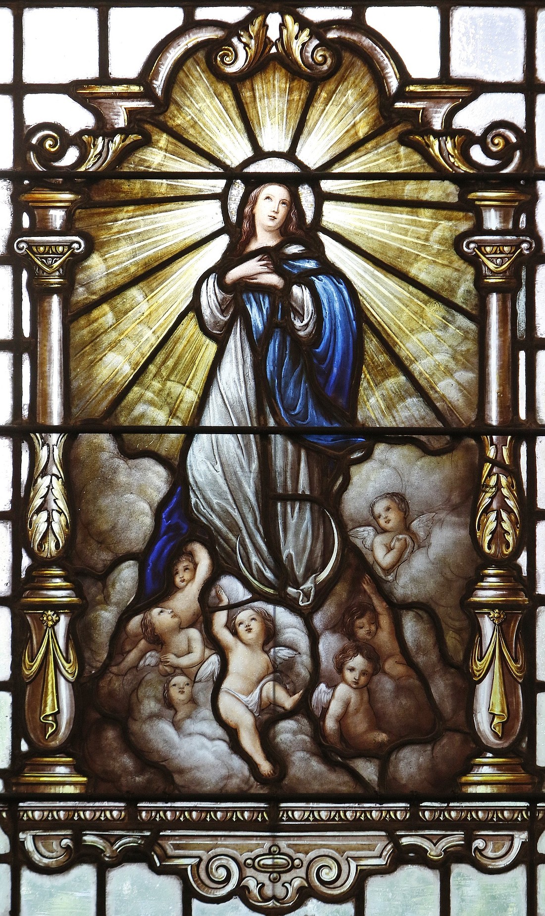 Mary is depicted in a stained-glass window at St. Mary Church in Manhasset, N.Y. in this file photo. (OSV News photo/Gregory A. Shemitz)